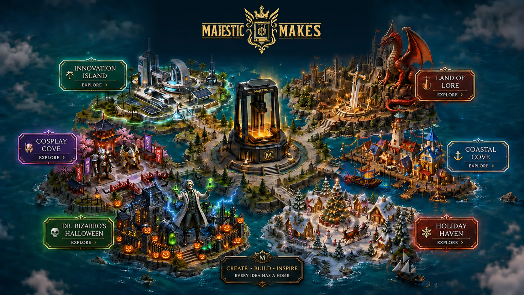 Majestic Makes map featuring Innovation Island, Land of Lore, Coastal Cove, Cosplay Cove, Dr. Bizarro's Halloween, and Holiday Haven.